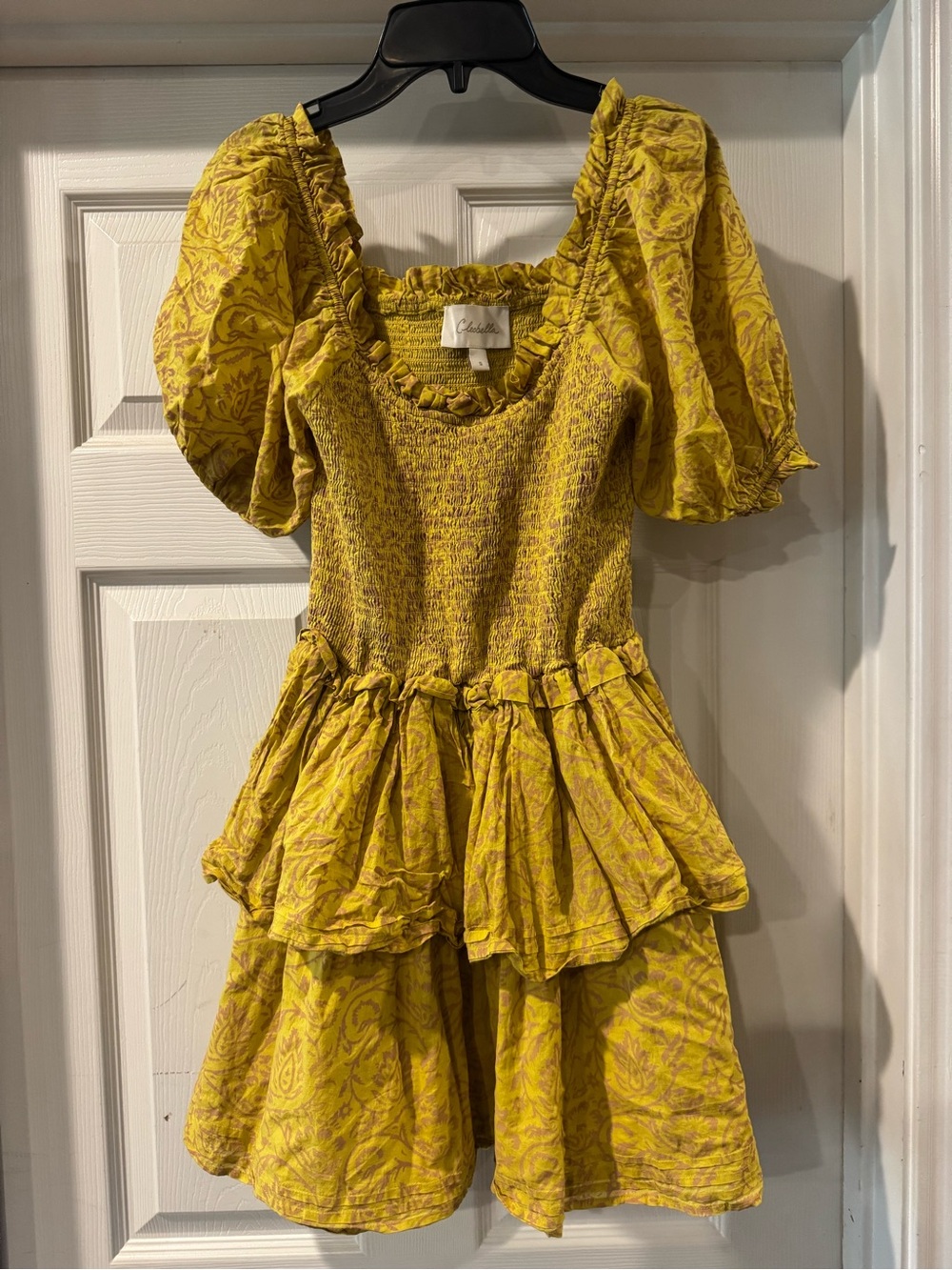 Cleobella Yellow Smocked Puff Sleeve Tiered Dress